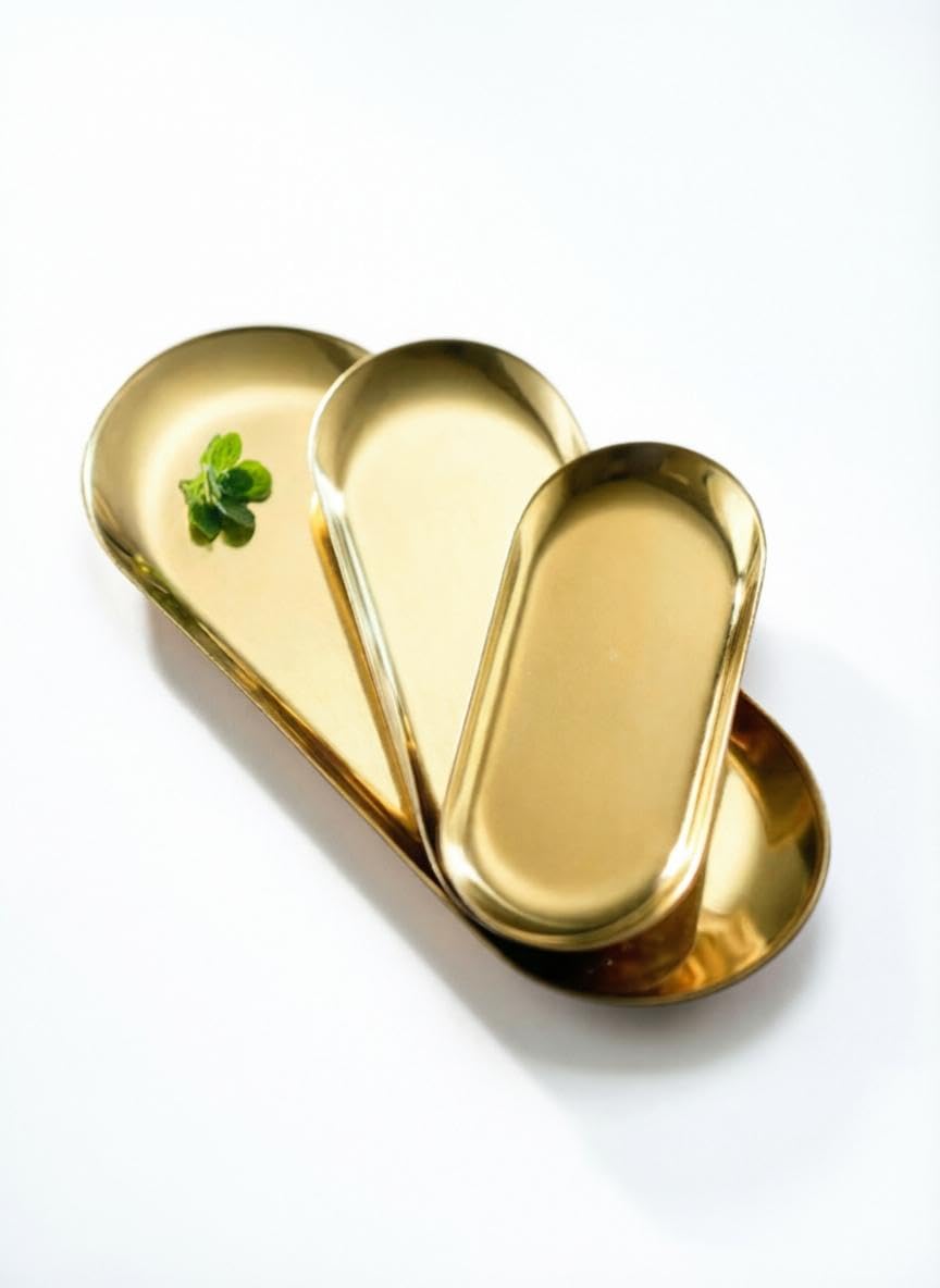 Oval Trays - Gold Stainless Steel Polished Modern Serving Set of 3 for Jewellery Coffee Sweets Home Decor and Table Display