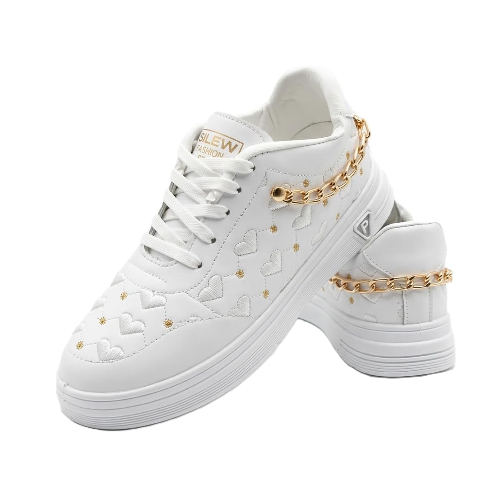 SILANO Girls & Women Casual Sneakers – Heart Pattern Fashion Shoes with Gold Studs & Side Chain – Lightweight Comfort Walking Shoes – Low Top Lace-Up Everyday Sneakers