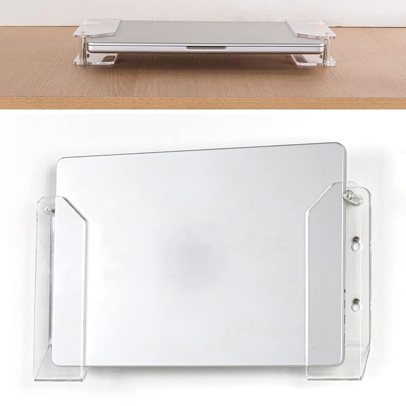 BEST MEDIA Wall Mount Laptop Holder, Under Desk Storage Rack, Clear Acrylic Stand for Keyboards, Tablets, MacBooks, Electronics, Space Saving Office Accessories, 25Lx5Wx10H cm