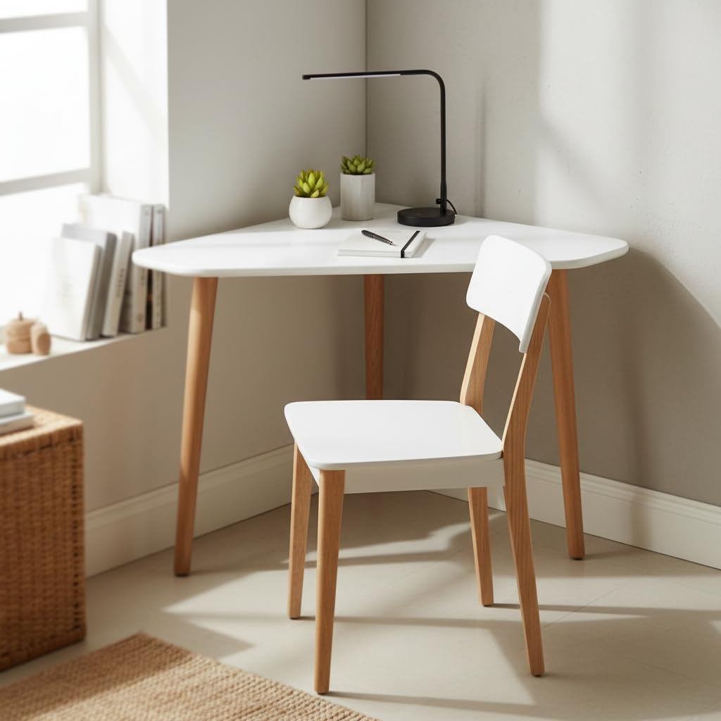 Fendi Home Modern Solid Wood Triangle Corner Desk with Drawer – Sturdy 3-Leg Home Office Workstation & Writing Table for Small Spaces, Study, Bedside (White)