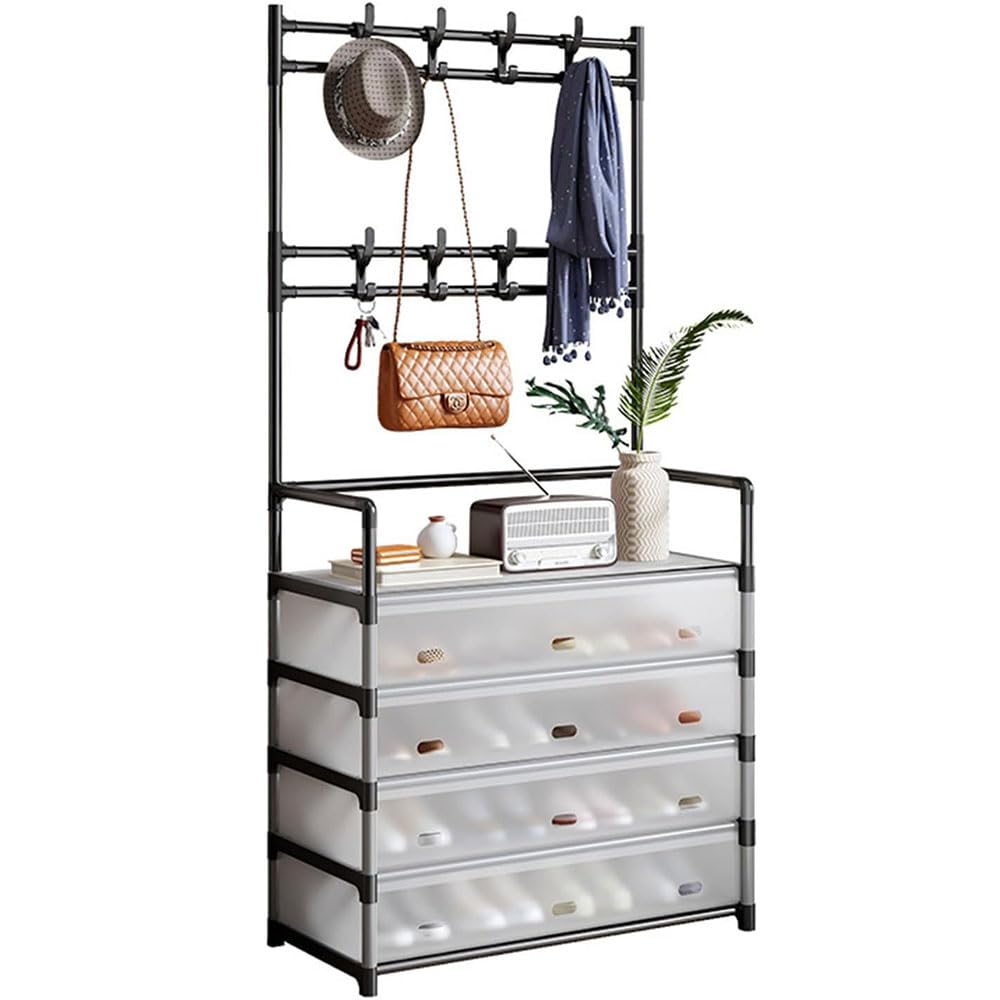 ALMEKAQUZ 5-Layer Hall Tree with Metal Clothes Rail, Shoe Rack for Front Door Entrance, Entrance Shoe Rack with Coat Rack Multi-functional Entryway Storage Organizer for Home, Hallway, Bedroom