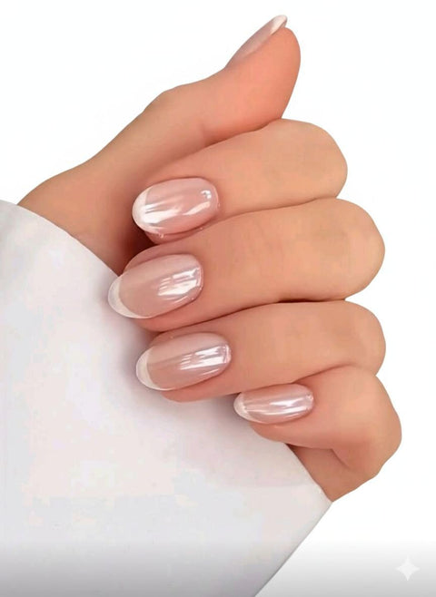30pcs Retro Streetwear Minimalist Elegant Daily Classic Ultramodern Nordic Style Aurora White French Short Oval Press-On Fake Nails Set