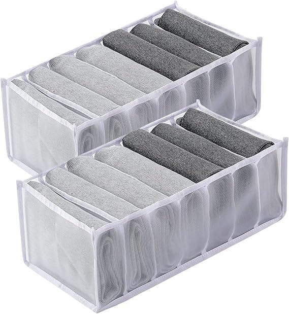 Clothes Drawer Organizer 7 Compartments Multi-Use - Practical Design for Trousers, Braes, Underwear, Socks, Durable Mesh Material, Easy to See and Access Contents (2 Pack)