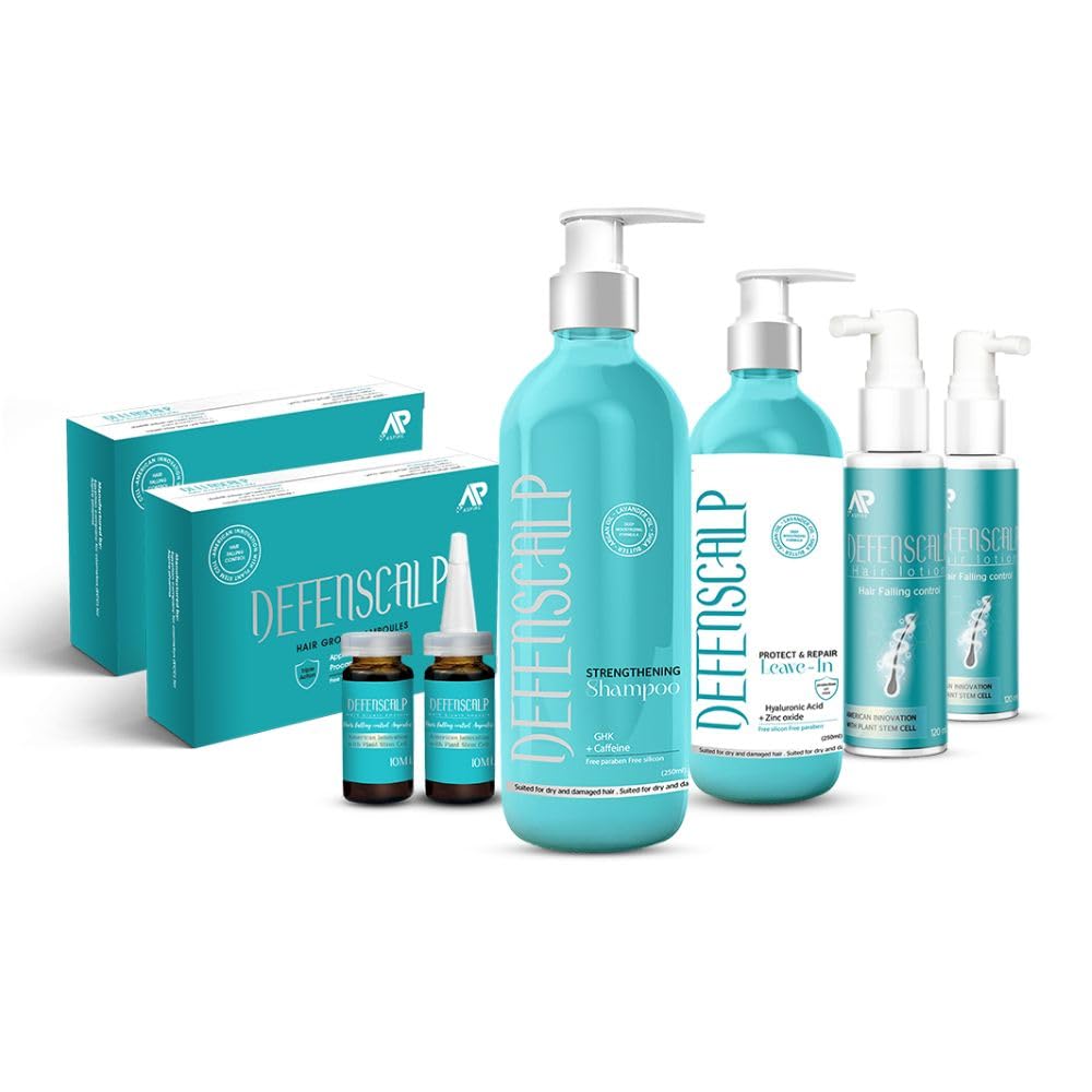 Defenscalp Complete Hair Care Bundle | Hair Strengthening & Nourishing Set with 2 Ampoules + 2 Lotion, Shampoo & Leave-in | Daily Routine for Smooth + Shiny & Fuller Looking Hair