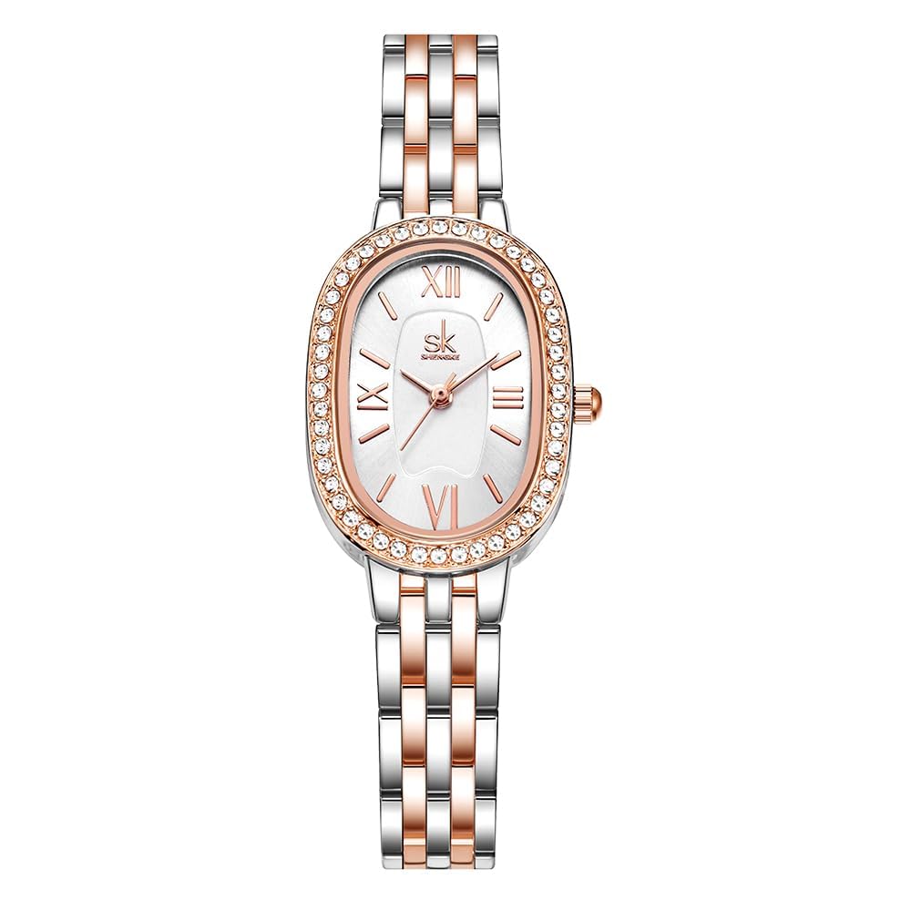 SK Women’s Oval Crystal Bracelet Watch - Stainless Steel Alloy, Elegant Design, Water Resistant, Perfect for Casual & Formal Wear