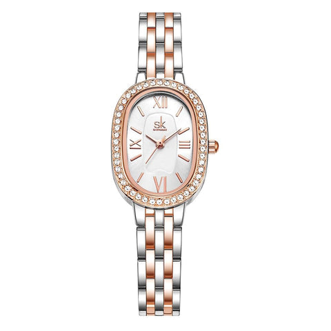 SK Women’s Oval Crystal Bracelet Watch - Stainless Steel Alloy, Elegant Design, Water Resistant, Perfect for Casual & Formal Wear