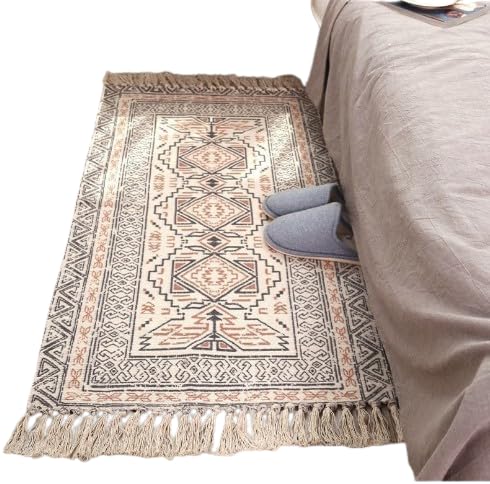 Handwoven Cotton Area Rug with Geometric Pattern, 60 x 90 cm, Beige and Grey, Decorative Tassels