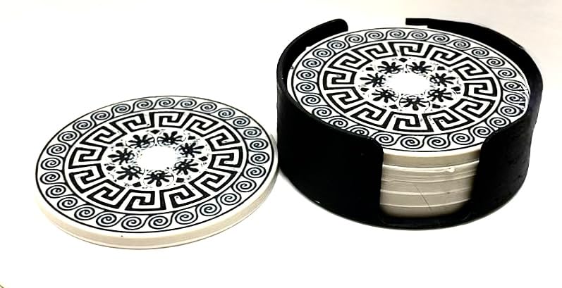 Downtown 6-Piece Ancient Greek Design Coaster Set with Holder, 3D Printed Home and Office Decor, Artistic Drink Mats for Coffee and Tea Tables with Classic Architectural Patterns