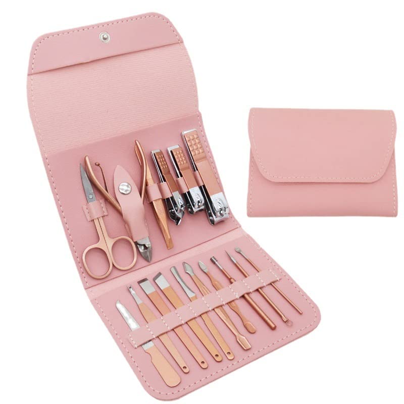 TECHZONE 16-in-1 Manicure Set – Professional Nail Care Kit for Men & Women with Stainless Steel Nail Clippers, Scissors, Tweezers & Grooming Tools in Portable Travel Case (Pink)