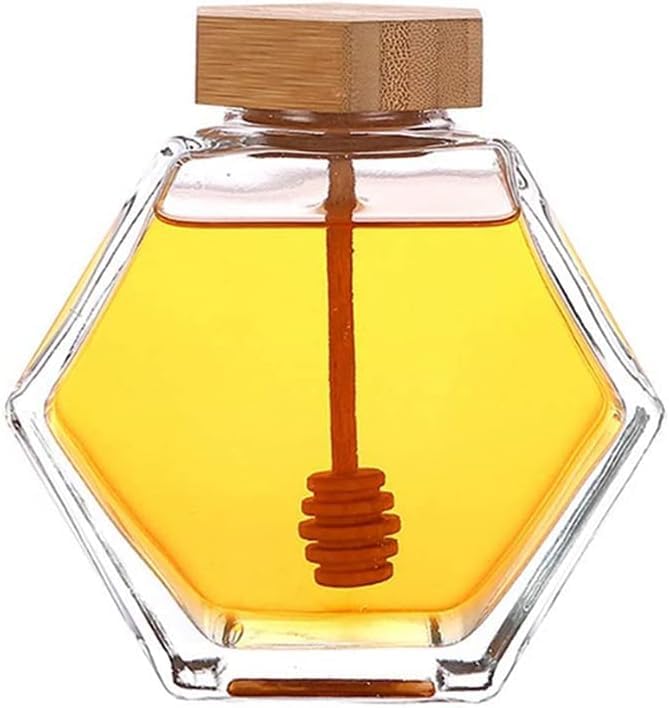 1 Piece Empty Refillable Honey Jar Transparent Hexagon Honey Jar with Wooden Dipper Honey Dispenser for Home Kitchen Shop Honey Syrup Jam Jelly