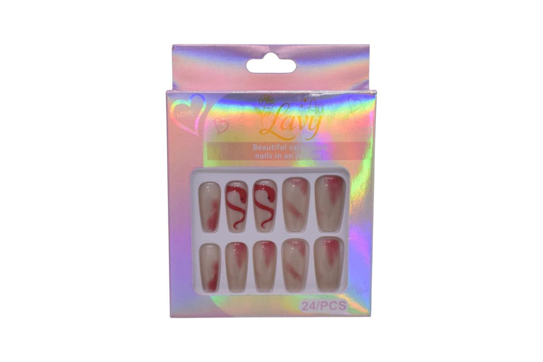 Lavy Coffin Shape with Bow & Abstract Designs Press-On Mink Nails 24-Piece Set - Multicolor