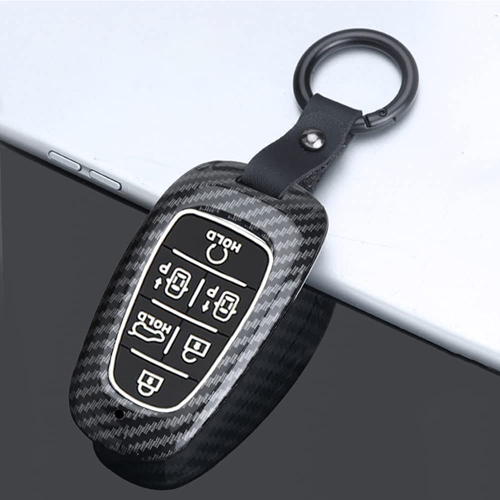 ontto ABS Car Key Case Fits Hyundai Nexo NX4 Sonata DN8 Grand Santa Fe Tucson Grandeur Azera Solaris 2020-2022 Key Cover Key Case 6 Button Carbon Fibre Black