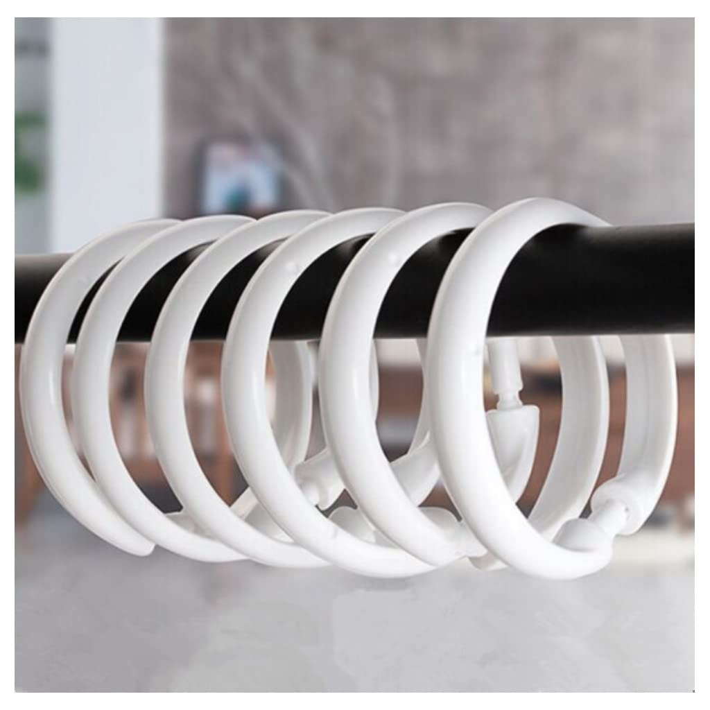 White Plastic Curtain Rings, 12 Pack, Easy Snap Closure Shower Curtain Hooks, O Design
