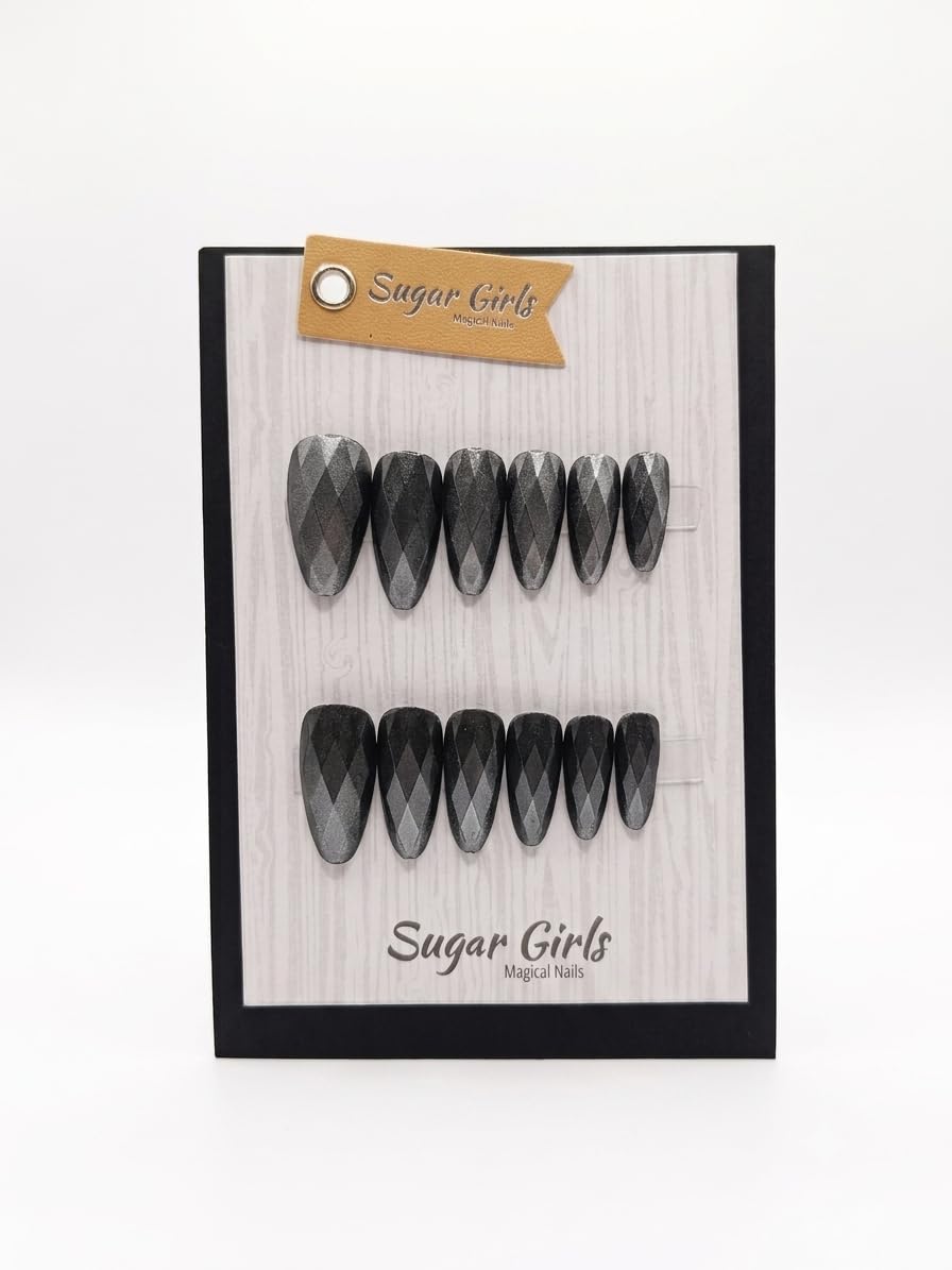 Sugar Girls False Nails Cat Eye Black Almond Shape Magic Nails for Women | Black Cat Eye Nail 12 Pcs + 12 Pcs Double Face Glue