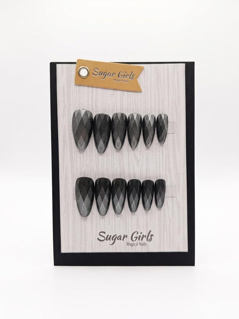 Sugar Girls False Nails Cat Eye Black Almond Shape Magic Nails for Women | Black Cat Eye Nail 12 Pcs + 12 Pcs Double Face Glue
