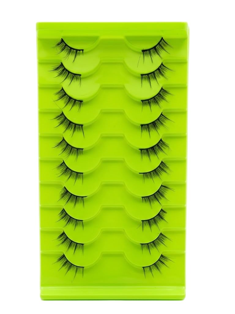 3D Clear Band HALF Lashes 1 Natural Soft Faux Mink Lashes Cat Eye Wispy Short Cross Reusable False EyeLashes 10 Pairs - (GREEN COVER)