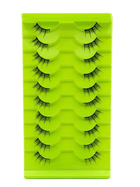 3D Clear Band HALF Lashes 1 Natural Soft Faux Mink Lashes Cat Eye Wispy Short Cross Reusable False EyeLashes 10 Pairs - (GREEN COVER)