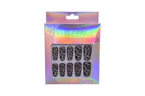 Lavy Coffin Shape with Ombre & Leopard Print Designs Press-On Mink Nails 24-Piece Set - Grey