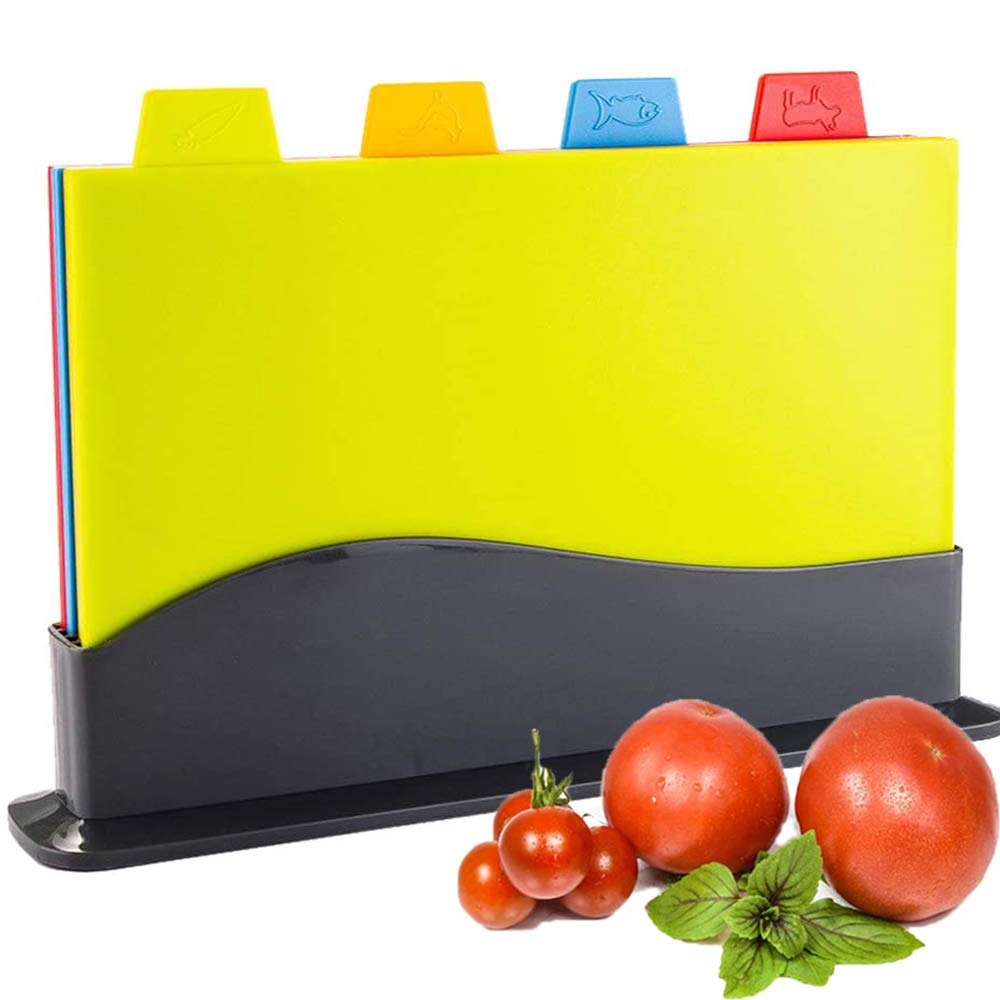 AMERTEER Chopping Board Set for Kitchen, Set of 4 Small Plastic Non-slip Cutting Boards with Index Color Coded Food Icon in Space Saving Storage Stand