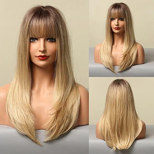 ECIF Blonde Wigs For Women Long Straight Ombre Wigs With Bangs Heat Resistant Fiber Synthetic Wigs Natural Looking