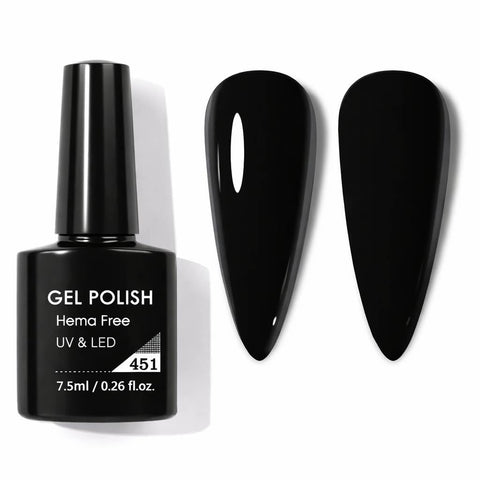 Black Gel Nail Polish Soak Off UV LED, Deep Solid Black Color, Smooth High Coverage Formula, Long Wearing Manicure Gel, Easy Application for Nail Art & Salon Use, 7.5ml (Shade 451)