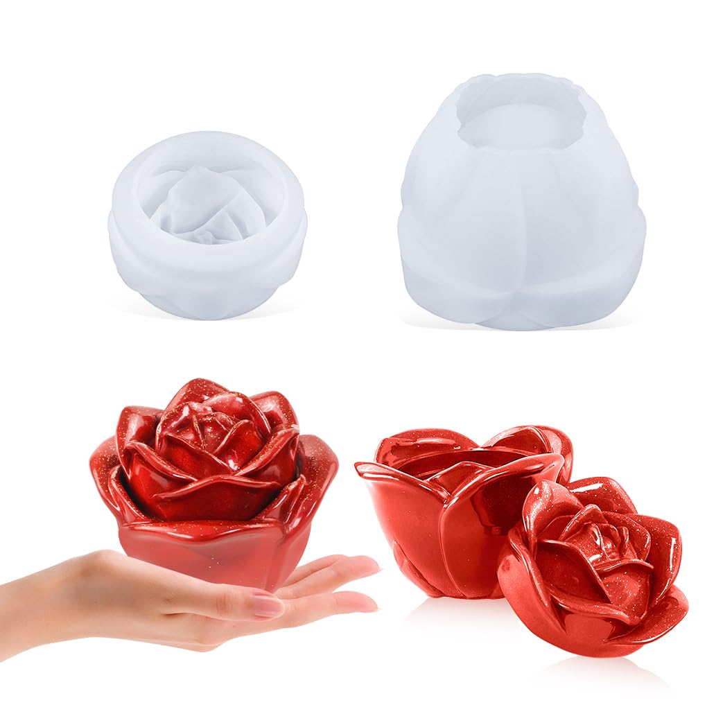 Rose Shaped Jar Resin Mold Kit, 3D Flower Silicone Mold with Lid Jewelry Storage Box Container Epoxy Casting Mould for DIY Candle Holder Craft, Home Decoration