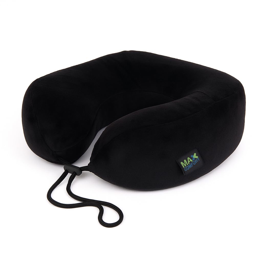 Medical Elevated Travel Neck for Long Trips – American Memory Foam Pillow with Washable Cover, Black