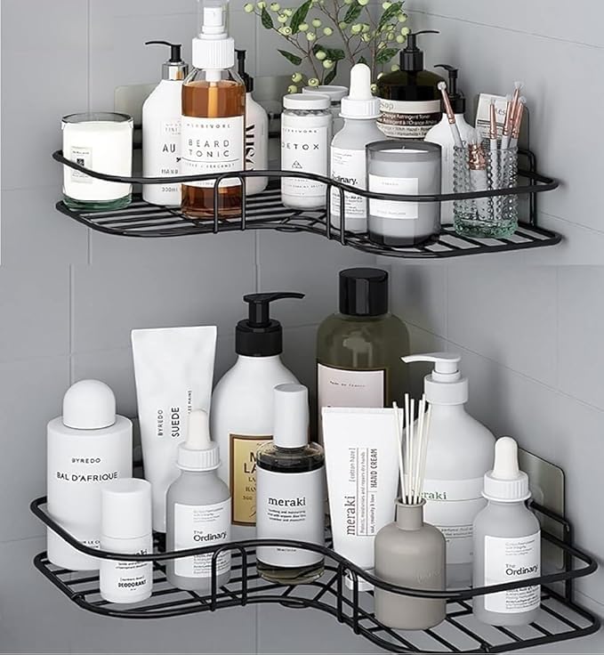 SR (Pack of 2 Self-Adhesive Shelf/Storage Organizer for Bathroom and Kitchen Corner Wall Mounted Rack Shelf Bathroom Accessories Storage Rack (No Drilling-Shelf Adhesive) (8 and 9 INCH, Black)