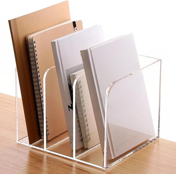 Best Media Clear Acrylic Magazine File Holder, 3-Section Vertical Desk Organizer for Office and Home Storage, Transparent Stand for Files, Folders, and Mail, Sturdy and Modern Desktop Accessory
