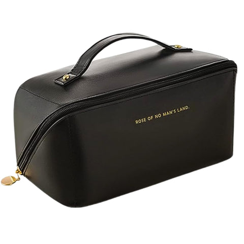 PU Leather Travel Cosmetic Bag, Waterproof, Black, Large Capacity, 180° Opening, Makeup Bag, Cosmetic Case, Women's Travel Accessory