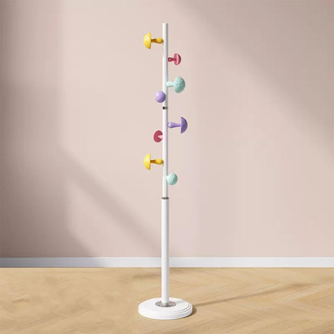 Metal Coat Rack Stand with Mushroom Hooks and 12'' Width Resin Base, Coat Rack Freestanding, Coat Tree, Children's Clothes Hanger Floor-standing, Bag Bracket for Home Entry-way, 68''H White