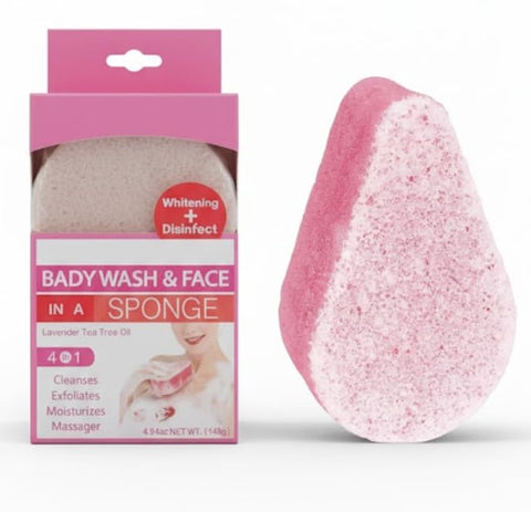 Sponge Anti Body Wash AND FACE -4 * 1 CLEANSES,EXFOLIATES, MOISTURIZES. MASSAGER -LAVENDER TEA TREE OiI-WHITENNING AND DIDINFECTL-140G- 1 Count-PINK