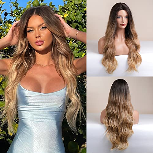 ECIF Long Blonde Lace Front Wig Ombre Honey Blonde Curly Wigs For Women Glueless Natural Synthetic Wig For Daily Use - (28 Inches)