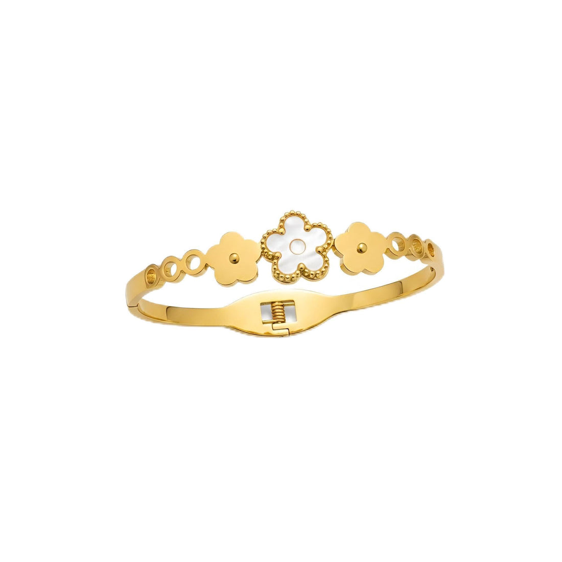 Cinquefoil Mother of Pearl - Five-leaf clover bracelet in golden finish, retains vibrant hue without fading, lightweight and ergonomically shaped for comfort and grace.