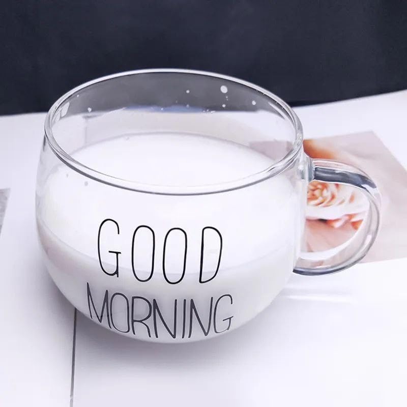 Clear Glass Mug with Handle, Good Morning Design Wide Milk Coffee Tea Cereal Mug 400ml