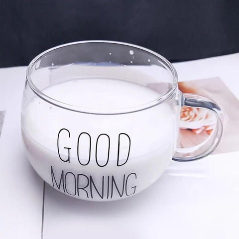 Clear Glass Mug with Handle, Good Morning Design Wide Milk Coffee Tea Cereal Mug 400ml