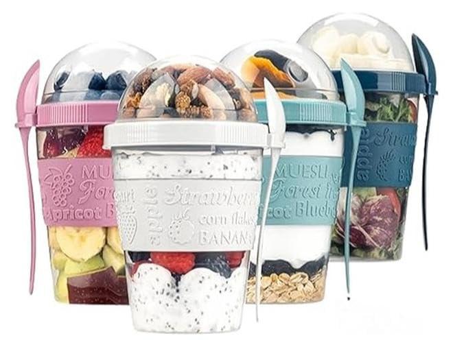 piece Yogurt Cups, Lid With Spoon, BPA-Free, Reusable Container, Breakfast Pots To Go, Cereal On The Go, Overnight Oat Jars, Oatmeal Containers, Fruit Containers, 600 ml Made In Turkey (light grey)