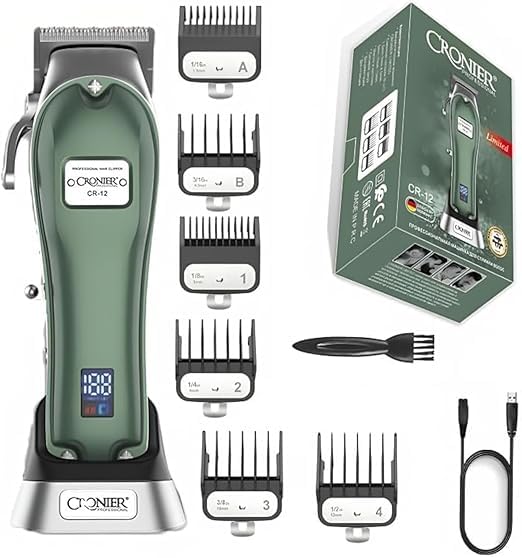 Hair Shaver Barber Full CRONIER Adjustable Cordless Professional Metal Hair Trimmer for Men Powerful Electric Hair Cutting Machine C (Green) CR-12