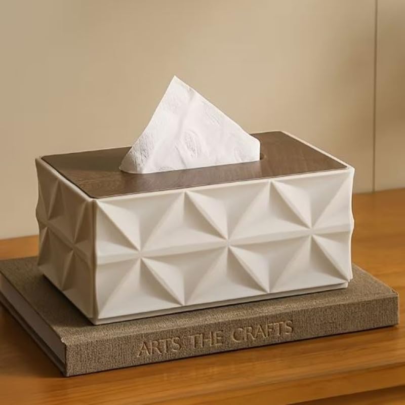 Tissue Box with Wooden Lid, White Textured Design (Cube, White)