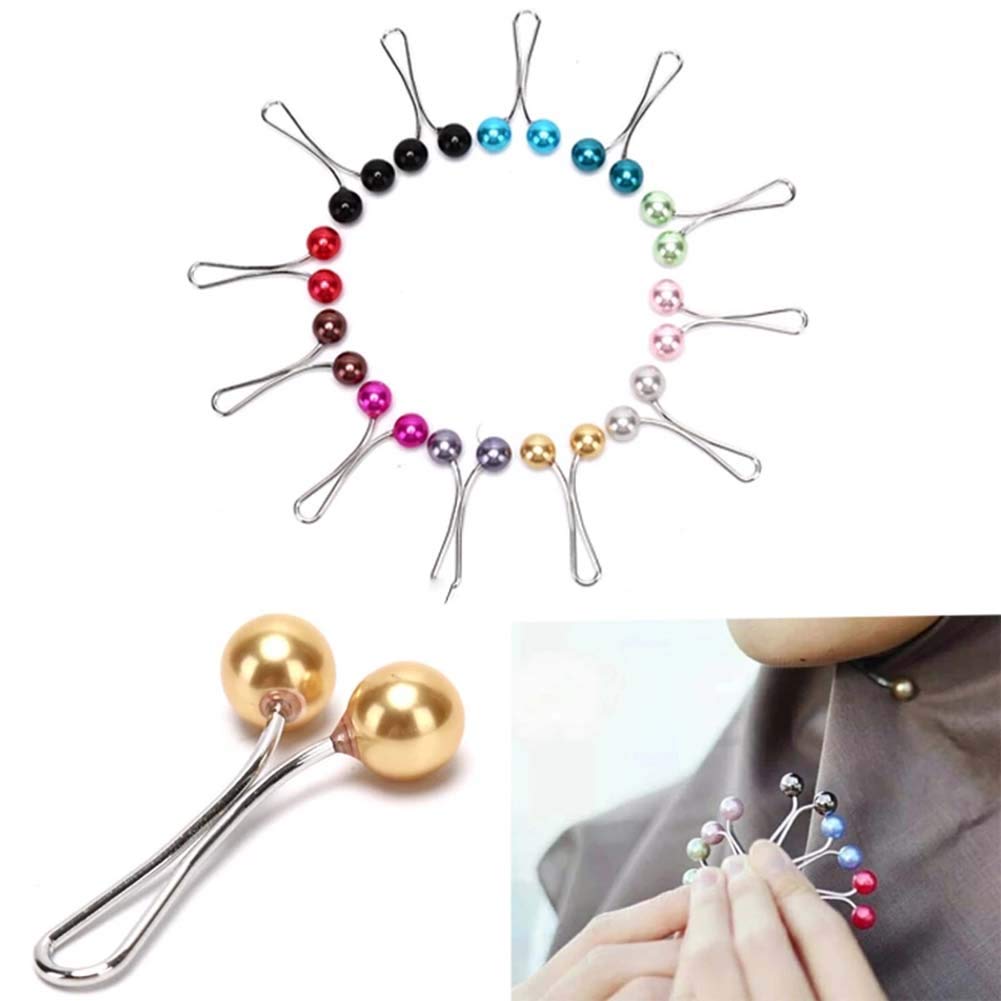 DELFINO 12pcs Muslim Hijab Clip Pins Simulated Pearl Stainless Steel U Clips with Coloured Faux Pear