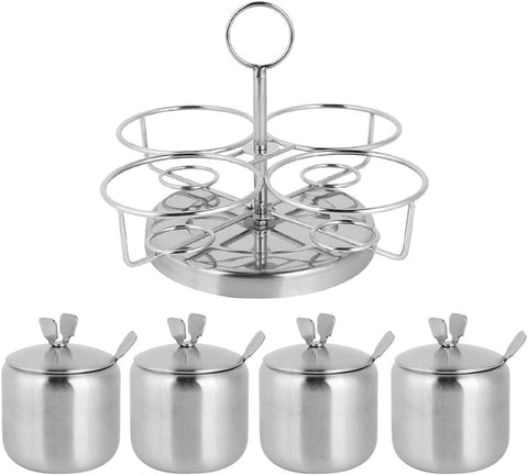 Stainless Steel Spice Jar Set with Lids & Spoons – 4-Piece Sugar Bowls & Condiment Containers with Rack – Silver Seasoning Organizer for Kitchen Countertops, Counter or Dining Table