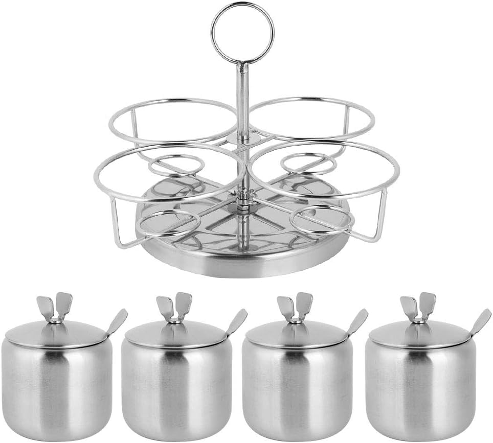 Stainless Steel Spice Jar Set with Lids & Spoons – 4-Piece Sugar Bowls & Condiment Containers with Rack – Silver Seasoning Organizer for Kitchen Countertops, Counter or Dining Table