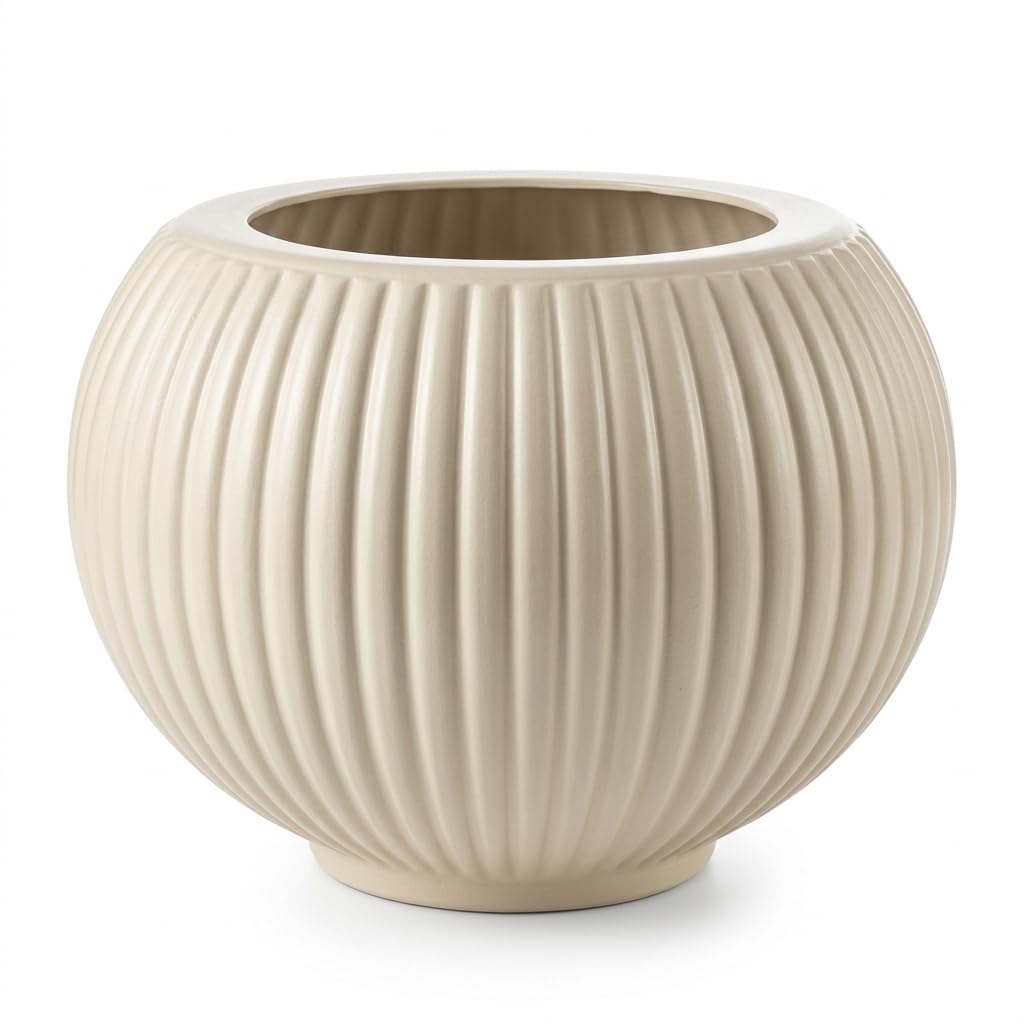 Decorative Ribbed Round Planter for Indoor Plants, Elegant Pot for Succulents, Leafy Plants, Seedlings, Prepared Soil Arrangements, Home Decor (Breeze, 35)