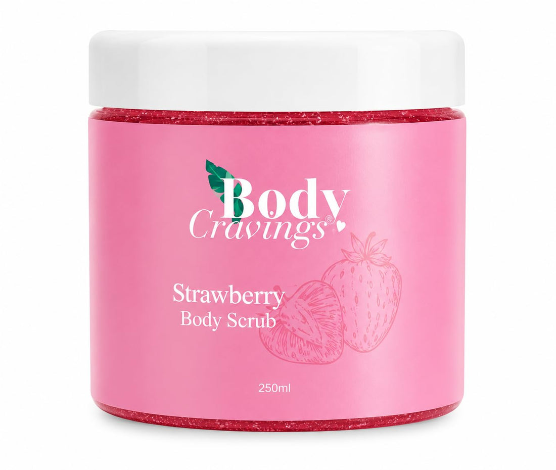 Body Cravings Strawberry Body Scrub | 250ml | Raw Sugar Exfoliating Body Scrub | Nourishes & Softens Skin | Refreshing Strawberry Scent