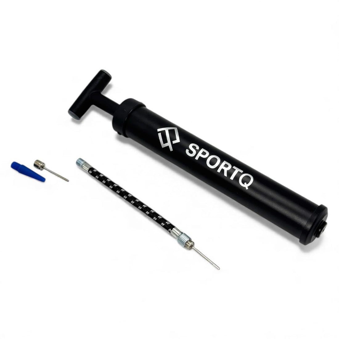 SportQ Premium Portable Ball Pump – High Pressure Hand Air Pump with Flexible Hose & Multiple Nozzles for Inflating Football, Basketball, Volleyball, Balloons, Floats – Compact Portable Size