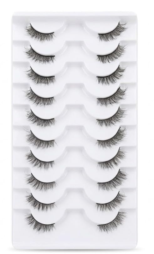 3D Clear Band HALF Lashes 1 Natural Soft Faux Mink Lashes Cat Eye Wispy Short Cross Reusable False EyeLashes 10 Pairs - (N-2)