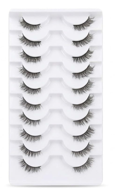 3D Clear Band HALF Lashes 1 Natural Soft Faux Mink Lashes Cat Eye Wispy Short Cross Reusable False EyeLashes 10 Pairs - (N-2)