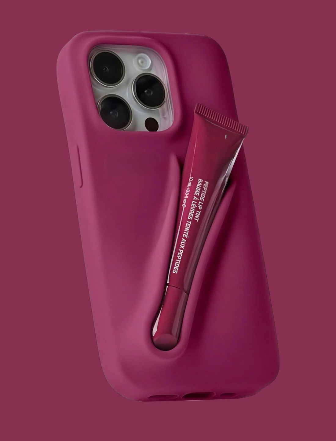 Silicone Lipstick Holder Case for iPhone 15— Built-in Lip Balm/Cosmetic Tube Slot, Soft-Touch Grip, Slim Shockproof Cover, Camera Protection — Stylish (Berry Pink)