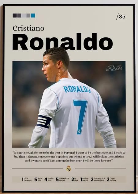 Cristiano Ronaldo Framed Poster Football Print CR7 Decor Football Legend Real Madrid Print Sports Wall Art Gift for Ronaldo Fans (Black, 20x30cm)