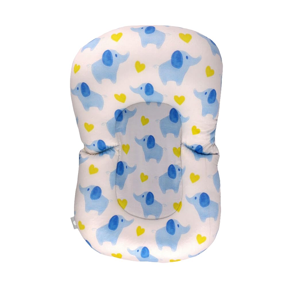 Mamas Gift Soft Baby Bath Cushion with Elephants Design – Newborn Bath Support Pillow with Padded Headrest – Anti-Slip, Quick-Dry, for Sink or Tub – 0–6 Months